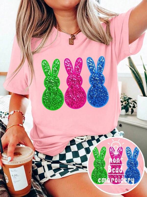 SHEIN LUNE Camiseta básica de manga corta y cuello redondo con efecto de lentejuelas y estampado de conejo, para mujer de talla grande en verano, de colores variados