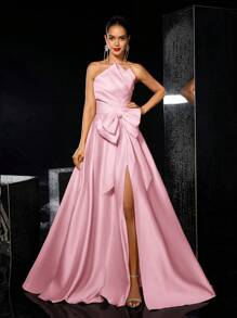 Glamrae 优雅浪漫缎面不对称荷叶边露肩大蝴蝶结装饰高开衩至大腿长裙，适合晚会、庆典、约会、正式场合、礼服、婚礼宾客 - 粉色 - 查看 3