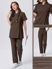 Scrubzie Anti-Wrinkle Stand Collar Short Sleeve Button-Up Scrub Uniform Top And Pants Set - Brown - View 1
