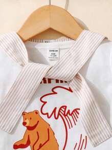 SHEIN 3pcs/Set Baby Boys White Cute California Bear Surfing Graphic Round Neck Short Sleeve Top,Shorts & Shoulder Cape Outfit,Infant Summer Vacation Holiday - Khaki - View 3