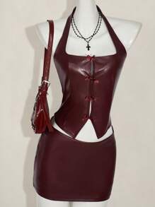 SHEIN ICON 2pcs Set: Fitted Bowknot Decor PU Halter Crop Top & Mini Skirt - Burgundy - View 11