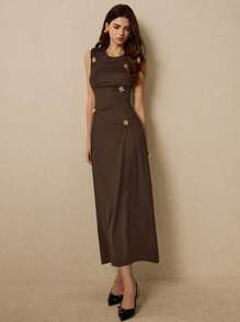 Poéselle Women Sleeveless Solid Color Dress, Fashionable Suitable For Summer,Summer Dresses For Women - Coffee - View 2