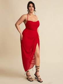 SHEIN BAE Váy tốt nghiệp xẻ đùi bằng vải voan đỏ mùa hè cỡ lớn dành cho nữ, váy sinh nhật dành cho nữ - Đỏ - Xem 4