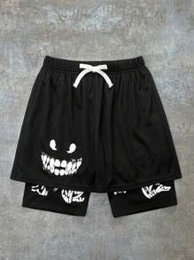SHEIN 青少年男孩宽松休闲印花两件套短裤 - 黑色 - 查看 3