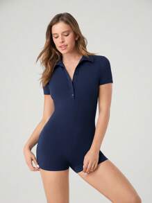 GLOWMODE 4.3" SoftSerene Modal Ribbed Button Front Active Romper Low Impact Daily Yoga Casual Removable Cups - Dark Blue - View 9
