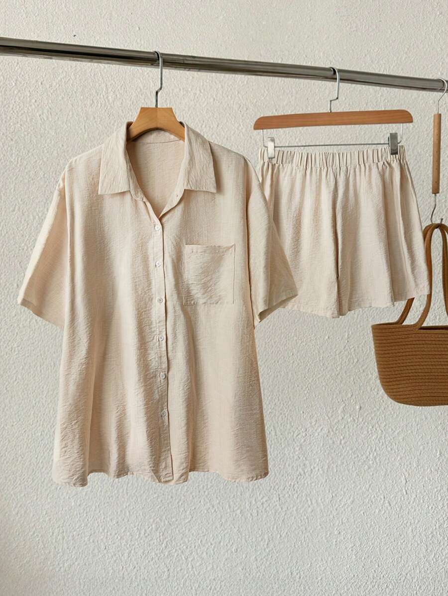 Flirla 2 件纯色休闲宽松舒适套装 - 杏色 - 查看 1