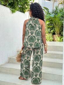 SHEIN SLAYR KIDS Conjunto de 2 piezas para niñas preadolescentes: Top de halter con estampado floral diminuto y pantalones rectos, para vacaciones - Verde - Ver 2