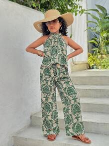 SHEIN SLAYR KIDS Conjunto de 2 piezas para niñas preadolescentes: Top de halter con estampado floral diminuto y pantalones rectos, para vacaciones - Verde - Ver 3