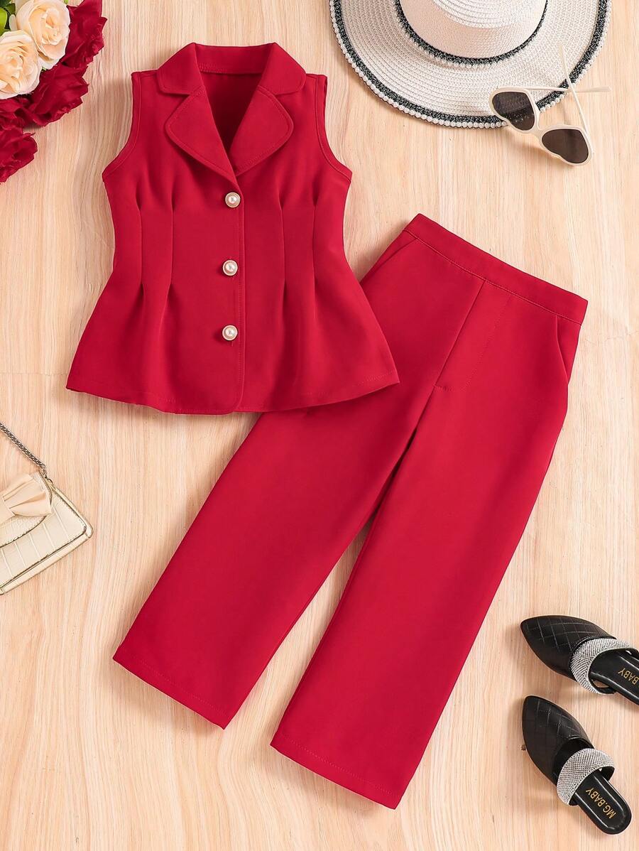 年轻女孩优雅绅士翻领无袖背心和裤子两件套，春夏 - 紅色 - 查看 1