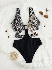 Swim Vcay 2025 Women's Vacation Leopard Print Sexy Cutout One-Piece Swimsuit - Multicolor - View 3