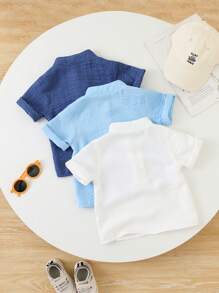 SHEIN Vintaside Kids 3件套男婴纯色半开襟高领POLO衫，休闲柔软舒适短袖上衣，适合日常穿着、旅行、春夏休闲简约风上衣 - 寶藍色 - 查看 3