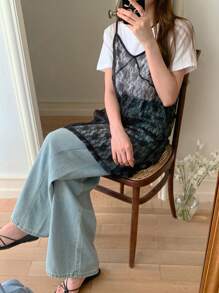 DAZY 情人节新款春季女士蕾丝吊带透视长款吊带背心 - 黑色 - 查看 6