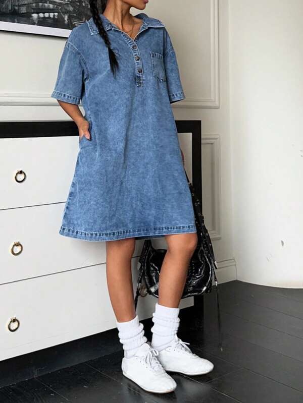 SHEIN Teen Girls' Spring Summer Casual Loose Short Sleeve Blue Baggy Soft Cute Denim Shirt Dress,Girls Summer Brunch Graduation Outfits,Vacation Outfits Teen Girl/Beach Boho Vacation Outfits,Country Concert Outfit/Rave Outfits