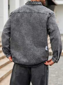 Manfinity LEGND Plus Size Men's Distressed Wash Embroidered Long Sleeve Denim Shirt