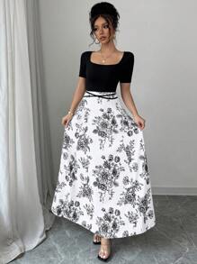 Elenzga Women's Elegant Fitted Waist-Tied Splice Knitted Short Sleeve Square-Neck New Chinese Style Printed Midi Dress - Black and White - View 5