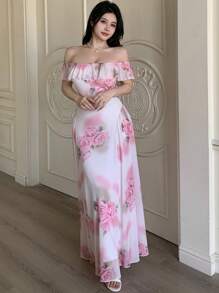 Modelyn Women's Off-Shoulder Mesh Printed Ruffled Hem Flare Dress, Summer - White - View 5