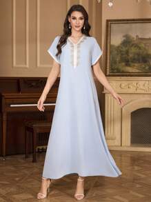 Al Najma 刺绣领花单肩袖立领优雅连衣裙，卡夫坦 - 藍色 - 查看 6