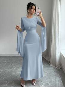 Elenzga Đầm dài tay cổ tròn xếp ly màu trơn thanh lịch cho nữ - Màu xanh lam - Xem 3