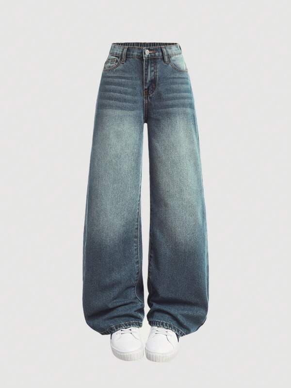 SHEIN Girlism Tween Mädchen Y2K Locker sitzende lässige Jeanshose mit Taschen und weiten Beinen, Tween Mädchen Herbstkleidung Back to School Jeans Outfits