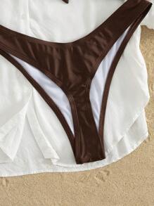 Swim Vcay 2 pezzi Bikini senza spalline con tracolla staccabile color marrone madreperlato, decorato con nappine, conchiglie e stelle marine, costume da bagno semplice e elegante per vacanze al mare per donne