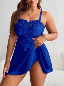 Swim Lushoire Plus Size Women Black Swimwear Dress With Frill Trim Front Tie For Summer Beach Vacation - Royal Blue - View 3