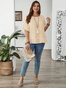 EMERY ROSE Plus Size Women Solid Color Raglan Sleeve With Ruffle Hem Casual Blouse - Apricot - View 7