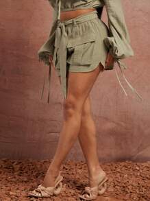 SHEIN SXY Plus Size Women's Green Solid Color Waist-Tie Cargo Pocket Casual Shorts With Free Belt, Elegant For Spring/Summer Dating, Club, Valentine's Day, Wedding - Green - View 5