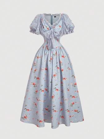 SHEIN MOD Damen Kleid mit Blume Muster, Kontrast-Spitze und Puffärmeln, elegantes Urlaubskleid