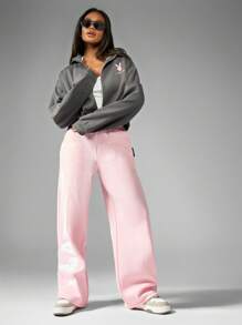 Missguided x Playboy Vintage Inspired Logo Cropped Zip-Up Hoodie, Streetwear Fall Winter Loungewear Classic Bunny Design Retro Fashion Sweatshirt, Casual - Grey - View 5