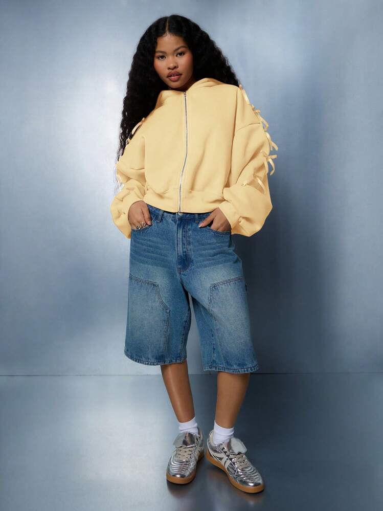 SUMWON WOMEN Beskuren huvtröja med rosettärm Premiumtröja Höst Vinter Casual Streetwear Mode Dragskohuva Atletisk Loungewear Mysig Sportig - Gul - Visa 6