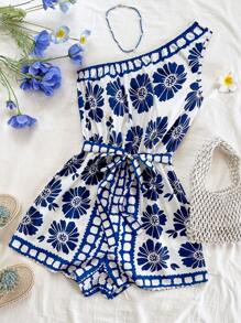 Soleia Spring & Summer Casual Vacation Western Beach Wedding Guest Attire, Graduation Brunch Wear, St. Patrick's Day Spring Break, Easter, Music Festival Elegant Bohemian Tropical Chic New Arrivals Blue & White Floral Print Tie-Strap Jumpsuit - Blue and White - View 6