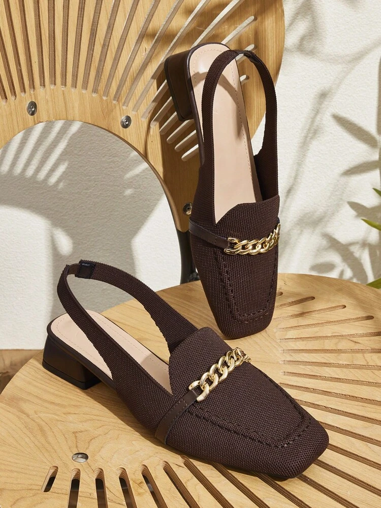 CUCCOO BASICS Women's Coffee Brown Fabric Chain Back Strap Low Heel Square Toe Flats, Suitable For Commuting, Dating, Party, Holiday For Christmas Spring Shoes