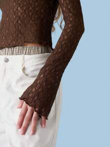 COUREZ Long Sleeve Slash Neck Going Out Lace Top Y2K Vintage - Brown - View 6