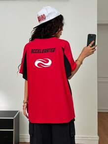 Coolane 女士夏季街头时尚运动时尚撞色休闲字母印花圆领插肩短袖宽松 T 恤