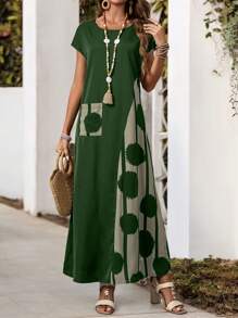 EMERY ROSE Plus Size Contrast Color Printed Patchwork Long Vacation Casual Dress,Spring Outfits For Women,Tropical Vacation Woman Clothes