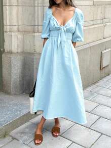 SHEIN VCAY Women's Simple Solid Color Sweetheart Neck Waist Cinched Summer Dress,Summer Outfits For Women,Summer Dresses For Women,Vacation Outfits Women,Summer Dresses,Sun Dresses For Women,Vacation,Women Summer Clothes - Blue - View 7