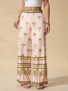 SHEIN PETITE 女士休闲椰子树印花高腰阔腿裤，度假