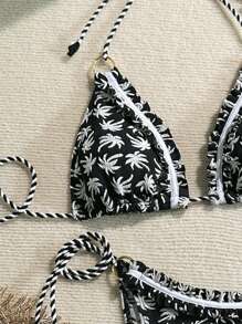 SHEIN Black & White Palm Tree Texture Fabric Halter Neck Triangle Bikini Set, Side Tie, Ruffle Trim, Casual Beach Vacation Resort Versatile Summer Swimwear, Suitable For Cruise, Swimming Pool Party - Black - View 3