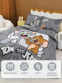 TOM & JERRY X SHEIN Juego de ropa de cama con estampado de dibujos animados y letras