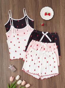 SHEIN Bộ đồ ngủ 3 món/bộ áo hai dây và quần short in họa tiết dâu tây - Nhiều màu - Xem 5