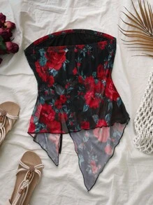 SHEIN VCAY Plus Size Vrouwen Levendige Bloemenprint Asymmetrische Zoom Bandeau Top