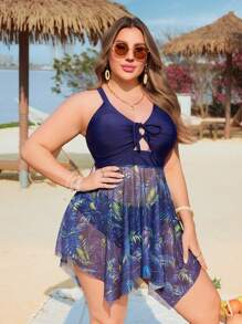 Swim Lushoire Top de tankini de talla grande con estampado de hojas tropicales y volantes en el bajo, con Bottom a juego