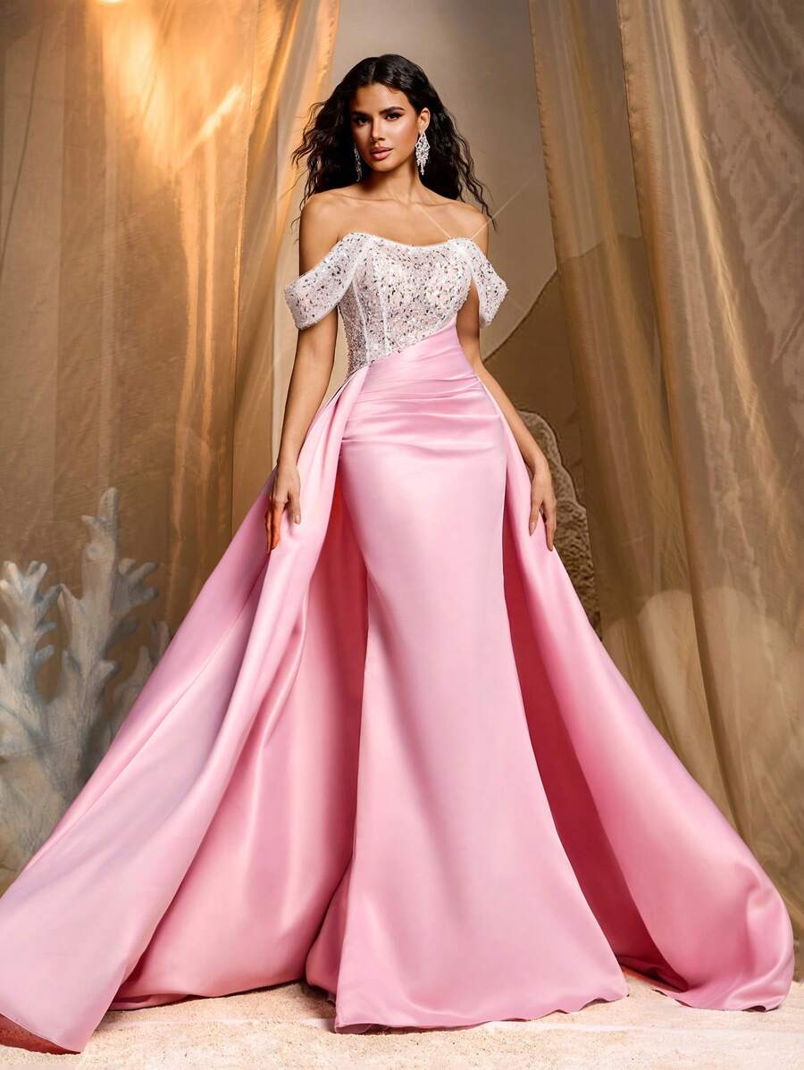 Glamrae Luxury Pearl&Sequin Heavily Embroidered Satin Mermaid Maxi Dress,Off Shoulder Ball Gown Evening Dress With Train Detail&Ruffle Hem For Wedding Party