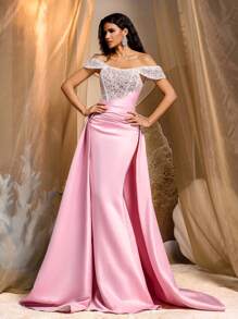 Glamrae Luxury Pearl&Sequin Heavily Embroidered Satin Mermaid Maxi Dress,Off Shoulder Ball Gown Evening Dress With Train Detail&Ruffle Hem For Wedding Party - Dusty Pink - View 7