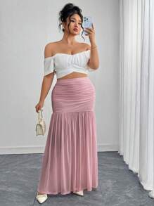 SHEIN Clasi Falda elegante de talla grande para mujer con detalle fruncido y bajo de cola de pez en unicolor - Rosa - Ver 3