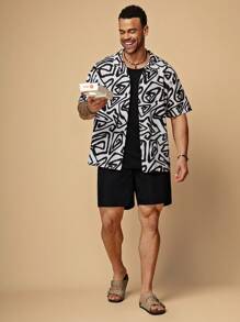 EASEVO Plus Size Men Casual Loose Black & White Woven Short Sleeve Shirt & Shorts Set