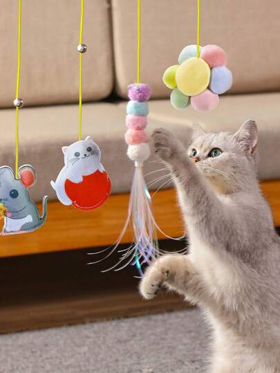 Juguetes para gatos de patrones aleatorios con diseños de gatos de dibujos animados, juguetes con cuerda elástica para gatos, juguetes para gatos de interior, juguetes autojugables para gatos, juguetes colgantes para gatos (hechos de plumas)