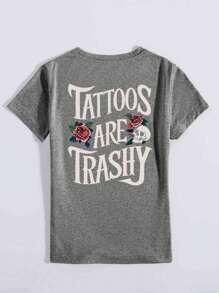 Women Skull & Rose Pattern Round Neck Short Sleeve T-Shirt, Casual Daily Fashionable Versatile Top - Dark Grey - View 2