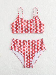 SHEIN Tween Girl Floral Prints Ruched Bikini Set - Multicolor - View 5