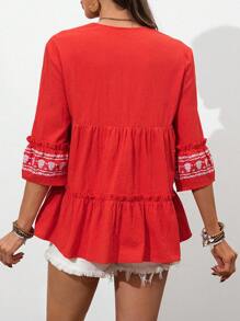 SHEIN VCAY 纯色编织 V 领荷叶边袖宽松女式衬衫 - 紅色 - 查看 2